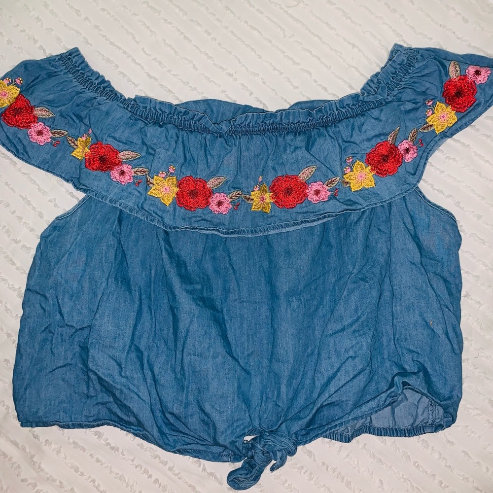 Forever 21 Denim Floral Embroidered Top